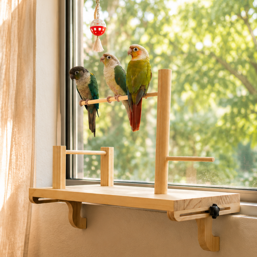 A wooden bird perch mounted on a window sill in a sunlit room, with three small birds perched on it. A potted plant and books sit on a side table to the left, and greenery is visible outside the window.
