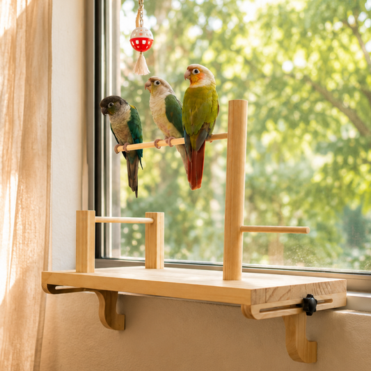 A wooden bird perch mounted on a window sill in a sunlit room, with three small birds perched on it. A potted plant and books sit on a side table to the left, and greenery is visible outside the window.