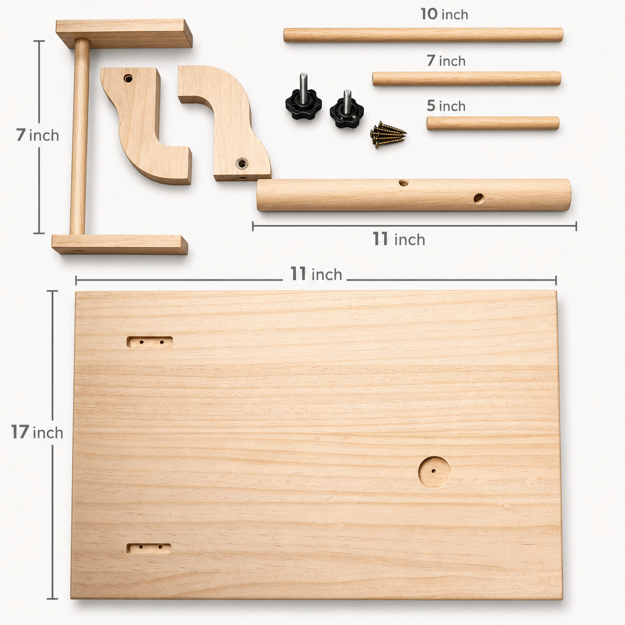 Diagram of the Percheo perch parts with measurements: a 17 by 11 inch pine base, two support legs, and removable 5, 7 and 10 inch perch rods