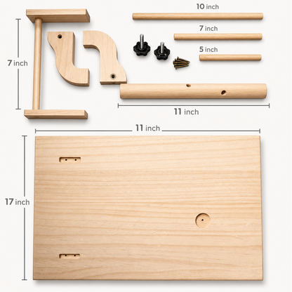Diagram of the Percheo perch parts with measurements: a 17 by 11 inch pine base, two support legs, and removable 5, 7 and 10 inch perch rods